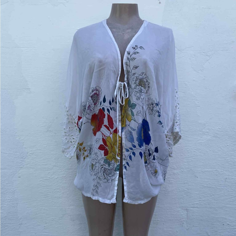 Johnny Was White Floral Cardigan